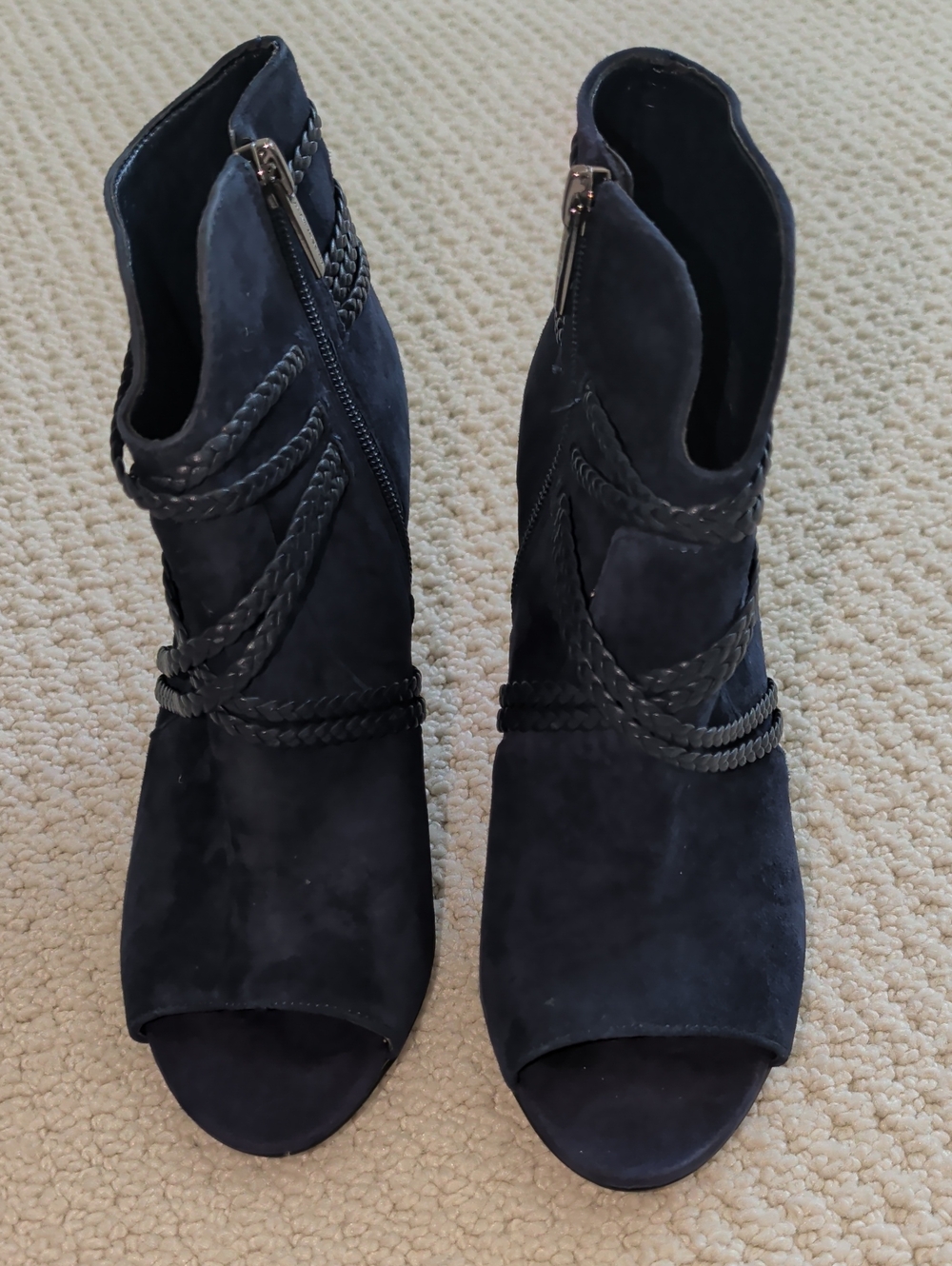 Vince Camuto Black Suede Peep-Toe Braided Wrap Ankle Booties